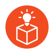 Icon with a white lightbulb over a box, representing advanced impact.